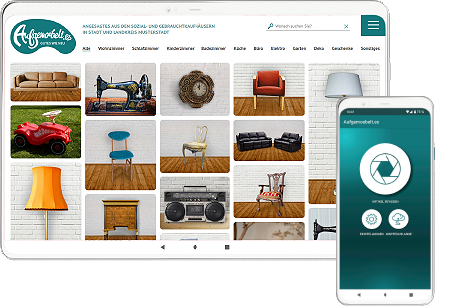 Die Plattform Aufgemoebelt.es auf dem Tablet und die Android-App auf dem Smartphone