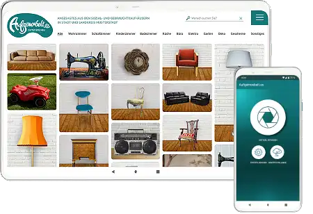 Die Plattform Aufgemoebelt.es auf dem Tablet und die Android-App auf dem Smartphone
